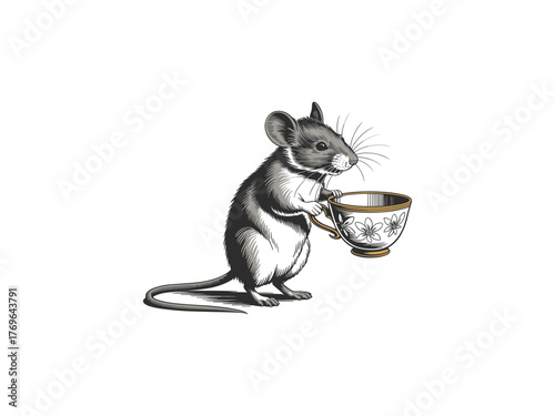 Charming illustration of a mouse holding a decorative teacup with floral patterns