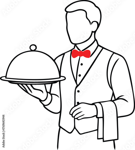 Waiter with serving tray and red bow tie illustration