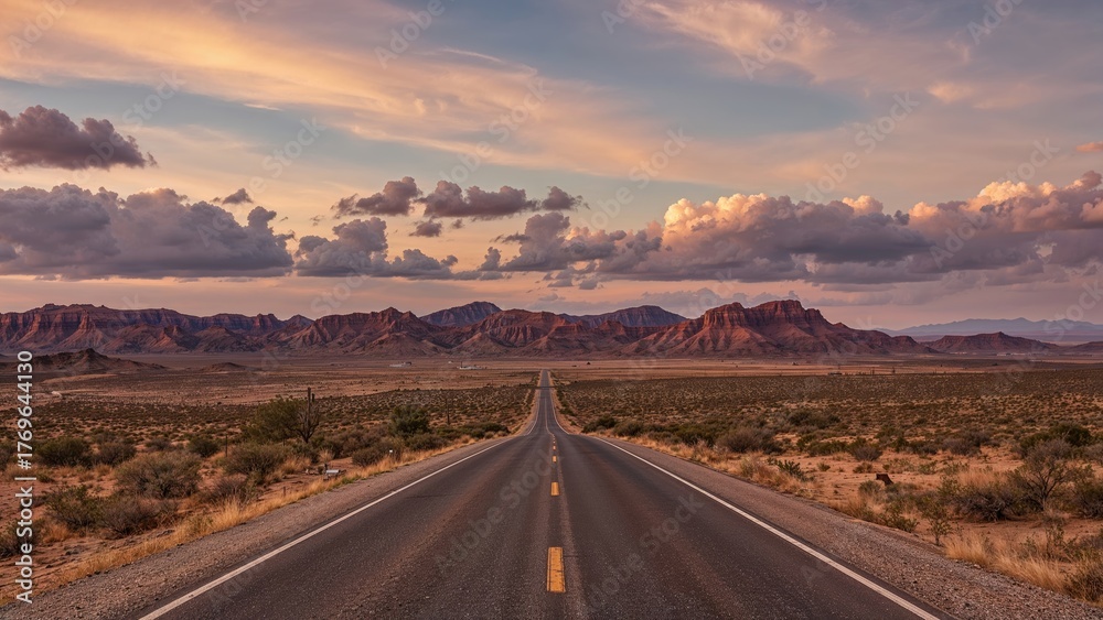 Fototapeta premium Asphalt road and desert with sky clouds nature landscape at dusk. Road trip.