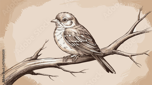 Watercolor illustration of a small bird perched on a branch
