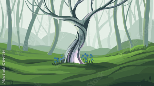 Enchanted forest with a glowing ancient twisted tree surrounded by blue flowers