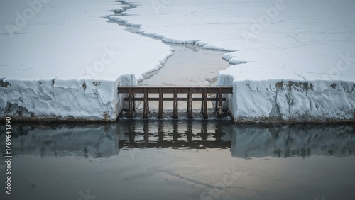 Rusty iron little weir between two water levels with ice, where the upper level remains frozen and the lower level reflects the surroundings.