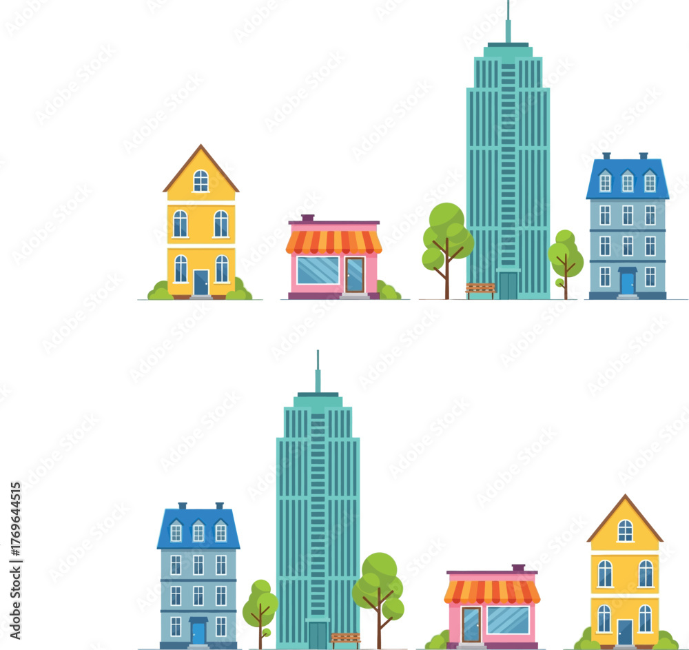 Obraz premium Collection of flat vector illustrations featuring diverse urban and suburban buildings