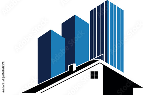 Contemporary flat vector illustration depicting urban development with residential home and towering commercial buildings concept