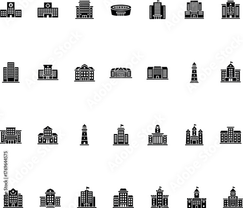 Comprehensive assortment of distinct building icons featuring various architectural styles in a flat vector design