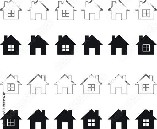 Array of House Icons in Black and White - Ideal for Property and Real Estate Design