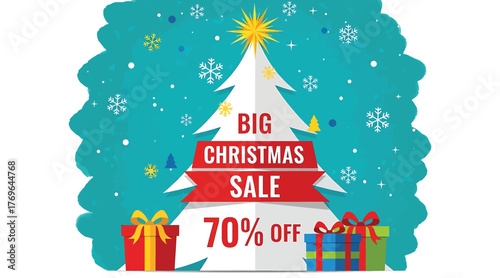 Big christmas sale with 70 off promotion festive design featuring a christmas tree, gifts, and snowflakes, perfect for advertising and holiday promotions