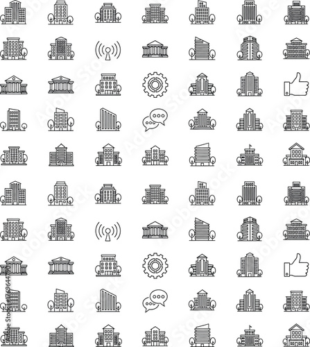 Cityscape building icons seamless pattern background. Urban architecture and real estate flat vector set