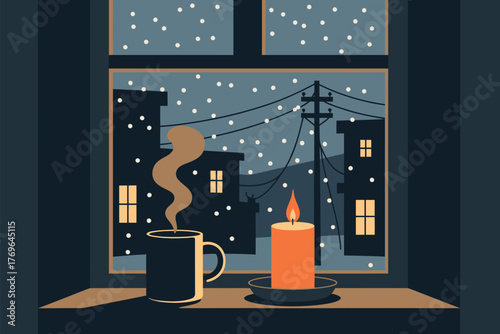 Cozy evening at home sipping a warm drink by candlelight while snow falls softly outside — intimate winter interior scene for peaceful seasonal living and hygge lifestyle storytelling.