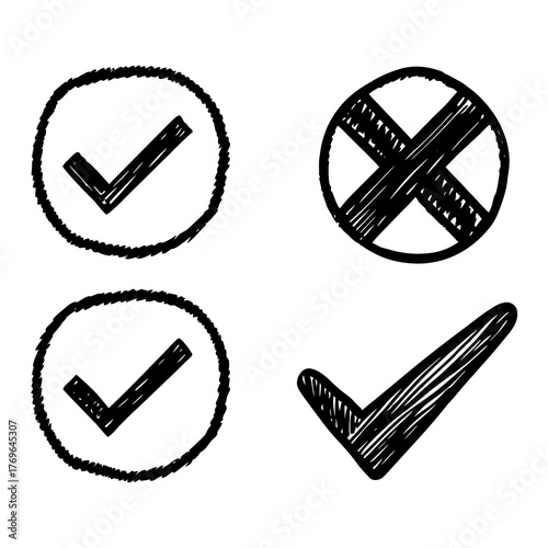 Hand Drawn Check and Cross Symbols in Circles and Freeform