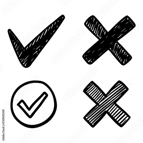 Hand Drawn Check Mark and Cross Symbols Collection