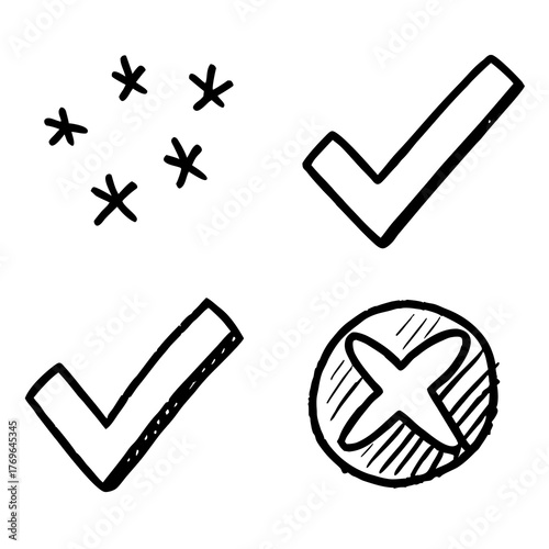 Hand Drawn Check Mark and Cross Symbols on White Background