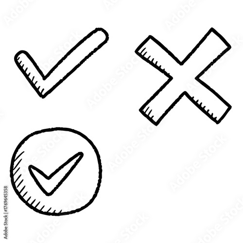Hand Drawn Check Mark and Cross Symbols on White Background