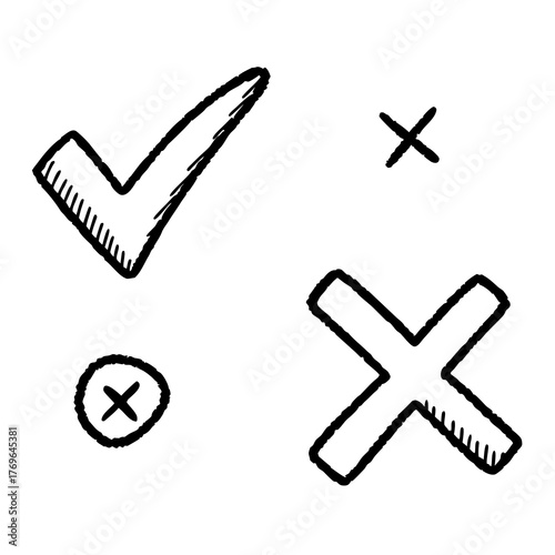 Hand Drawn Check Mark and Cross Symbols with Small X on White Background