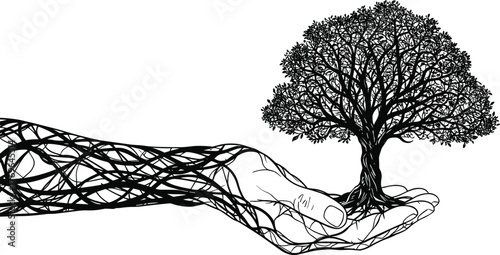 Tree growing from human hand, black silhouette illustration, vein-like arm patterns, nature and humanity connection, symbolic vector artwork, growth concept