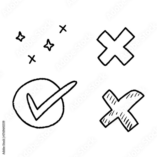 Hand Drawn Check Mark in Circle and Cross Symbols with Stars on White Background