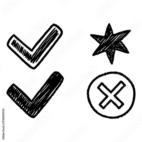 Hand Drawn Check Marks Star and Cross Symbols tick