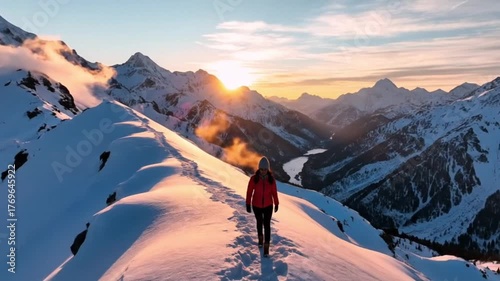 A traveler walking through snowy mountain trail, misty sky, warm sunrise light hitting peaks, cinematic drone shot