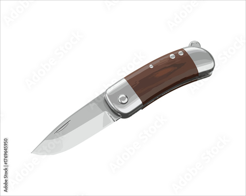 Folding pocket knife illustration with wooden handle and metal accents