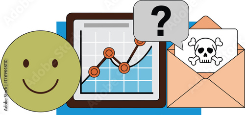 Business Intelligence Analysis: Optimistic Data Visualization Amidst Cybersecurity Threat - Chart Showing Growth, Questioning Email Security with Skull Icon, Representing Investment Risk Assessment an