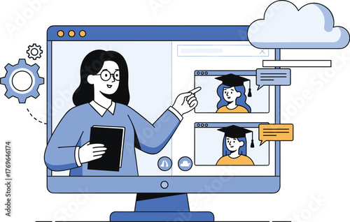Online Education Presentation by Professor on Computer to Students in Virtual Graduation Ceremony, Remote Learning in Cloud Computing Platform, E-learning Technology for Business, Modern Cartoon Illus