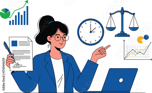 Professional Businesswoman Analyzing Financial Data, Pointing at Charts in a Modern Office Setting Demonstrating Expertise in Business Planning, Time Management, and Legal Compliance for Presentations