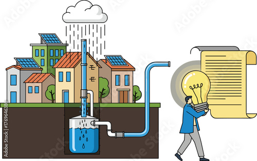 Sustainable City Rainwater Harvesting for Clean Energy Ideas: Man with Lightbulb Inspects Eco-Friendly Town's Water System Design, Showcasing Innovation and Green Technology for Future Development, Cl