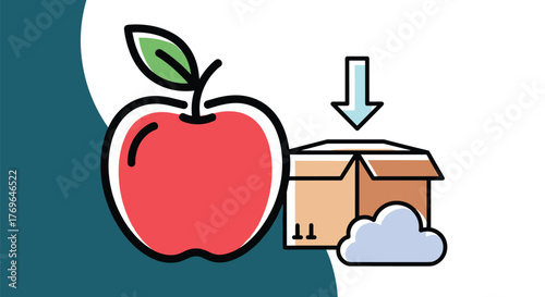 Fresh Red Apple Being Delivered into a Cardboard Box with a Cloud Computing Icon on a White and Teal Background: Representing Food Delivery Service, Software Distribution, and Online Marketplace Innov