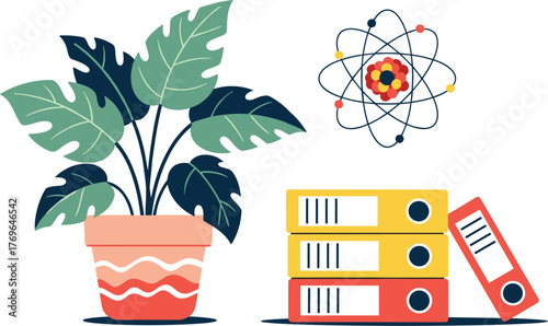 Educational Science Classroom Setting with Potted Monstera Plant, Atomic Model, and Office Files for Learning Materials and School Presentations, Ideal for Training and Development Programs (200 chars