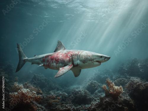 Menacing Shark Submerged: Great White Shark in Dark Blue Water.