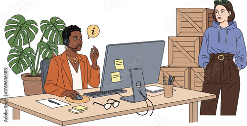 Customer Support Agent Providing Assistance to a Client in a Modern Office Setting with Crates, Offering Information and Problem Solving for Logistics Solutions, Modern Professional Illustration Style