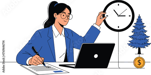 Businesswoman Managing Time and Investments in Modern Office: Professional Signing Documents, Analyzing Data on Laptop, Balancing Clock for Productivity, Financial Growth Planning, Achieving Goals, Mo