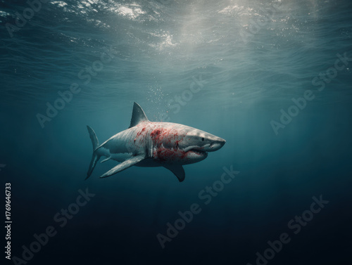 Great White Shark Underwater: Predator Swimming in the Deep Blue Sea.