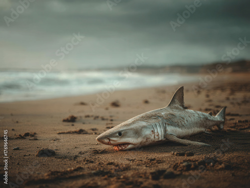 Shark on the Beach: Great White Shark Washed Up on the Sand.
