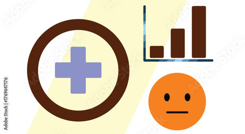 Healthcare Plus Sign with Statistical Growth Chart and Neutral Emotion Icon Representing Medical Data Analysis for Business Presentations and Reports in a Modern Technology Setting (Health, Science, P