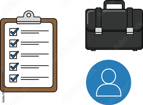 Professional Checklist Completed with Briefcase and Profile Icon Representing Job Application, Employment Success and Business Readiness in a Minimalist Style for Corporate Presentation and Modern Doc
