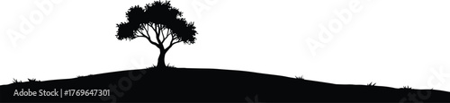 Solitary tree silhouette on hill, black vector illustration, minimal nature design, peaceful landscape artwork, quiet forest concept, white background contrast