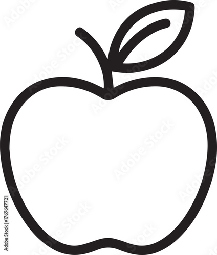 Simple black and white illustration of a fresh apple with a leaf and stem