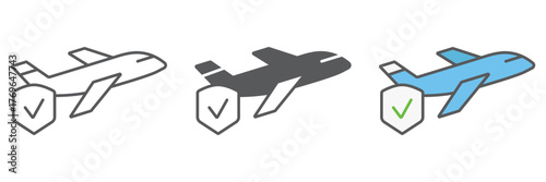 Travel insurance icon, trip and safety, shield and plane sign, vector graphics, a linear pattern on a white background. editable stroke