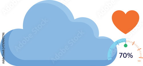 Cloud Computing Adoption Growth with 70% Satisfaction Rate, Representing Digital Transformation Progress in Business Technology, Innovative Solutions and Loving Customer Experience in Modern Blue Styl