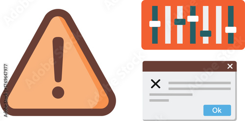 Digital Interface Illustrations: Graphic Elements for Software Tutorials & UI/UX Design, Featuring Warning Notification, Settings Panel, Popup Window, Ideal for Tech Presentations and Application Mock