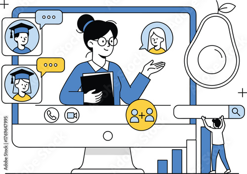 Online Education Concept: Teacher Conducting a Virtual Classroom Lesson with Students via Video Conference on a Computer, Modern E-learning, Digital Learning, Education Platform, Technology, Presentat