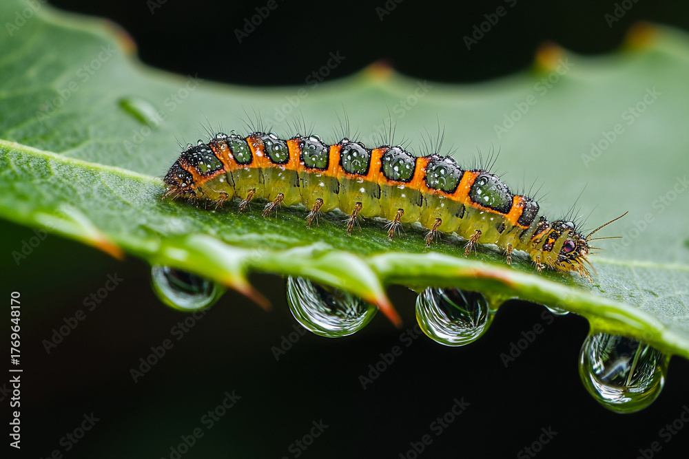Naklejka premium A caterpillar crawling under a leaf, its details magnified by a dewdrop