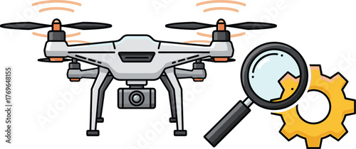 Analyzing Drone Technology for Innovation: Inspecting Advanced Unmanned Aerial Vehicle System with Magnifying Glass and Gear in Studio, Representing Engineering, Development, and Technological Advance