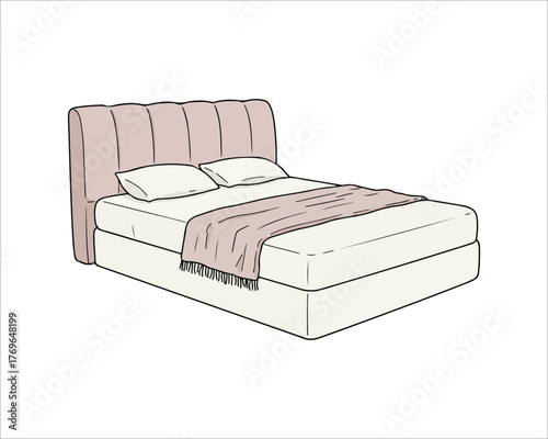 Modern bed illustration with soft pink headboard and cozy blanket
