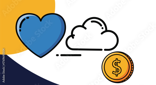 Financial Wellbeing Concept Illustration with Blue Heart and Cloud Symbolizing Digital Finance, Investment, and Wealth Management, Promoting Philanthropy, Online Giving, Modern Payment Solutions, Char