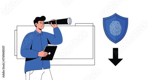Business Professional Inspecting Data Security with Spyglass for Digital Protection, Threat Detection and Cybersecurity Audits, Modern Flat Vector Illustration for Technology Industry, Corporate Websi