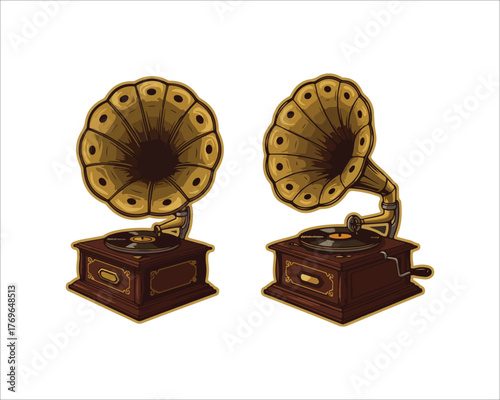 Vintage gramophone vector illustration two antique record players on white background