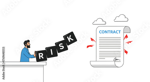 Bearded Businessman Pushing "Risk" Off a Table Toward a Contract, Illustrating Business Risk Management & Assessment in Investments, Agreements & Financial Planning,  Modern Conceptual Illustration fo