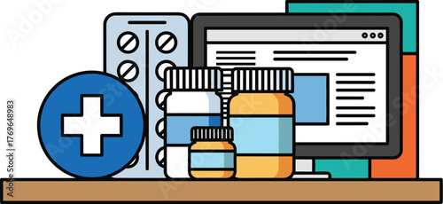 Online Pharmacy & Healthcare Website Consultation: Digital Medicine on Computer for Medical Information & Prescription Refills - Telemedicine Concept for Virtual Doctor Visit with Medications and Pill